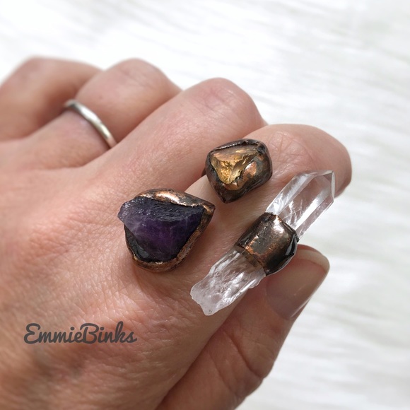 New Triple Crystal Gemstone Ring ~ Natural Amethyst Citrine Clear Quartz Copper - Picture 6 of 16